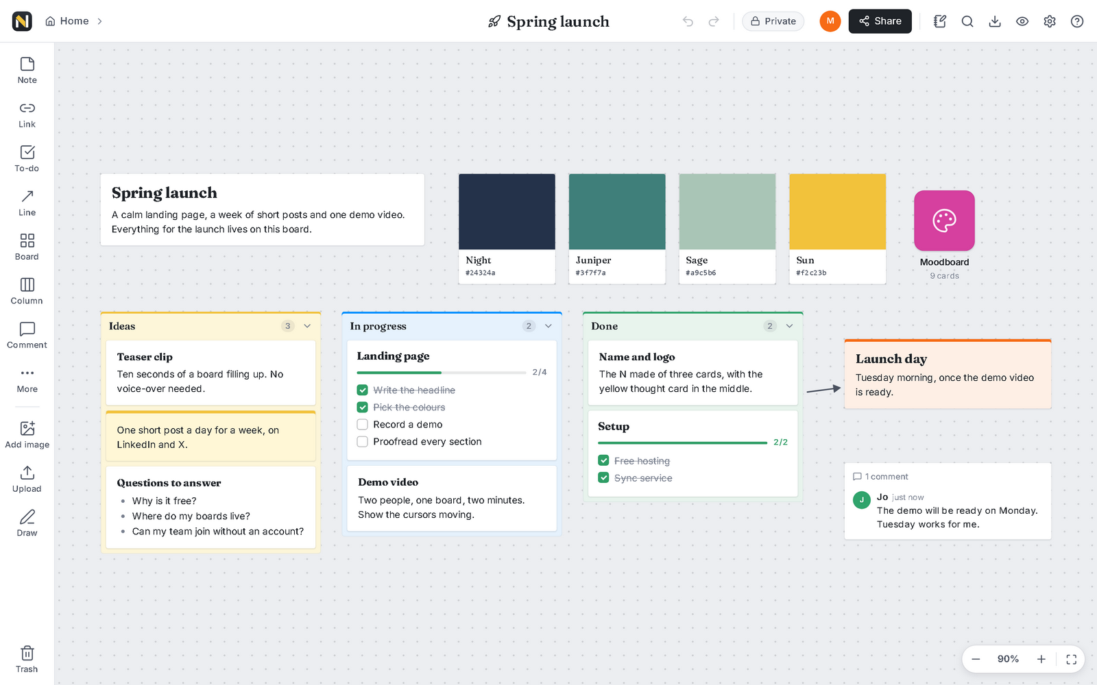 A NoemaBoard board with notes, a to-do list and columns of cards